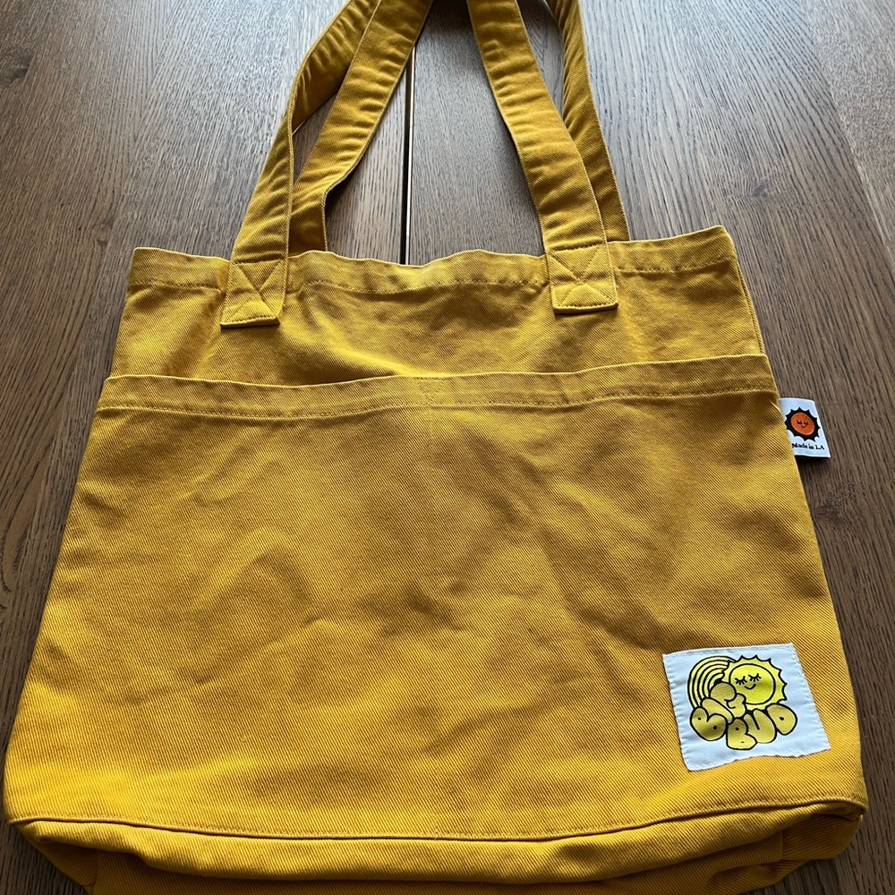 Mustard Yellow Big Bud Press Tote Bag with 2 Pockets on Outside